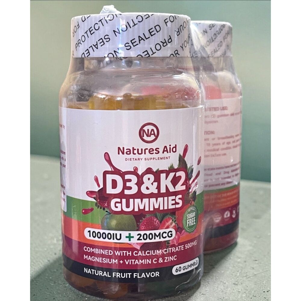 Natures aid Sugar-Free Vitamin D3 K2 Gummies w/ Calcium 2 Bottles 60 ea Sealed